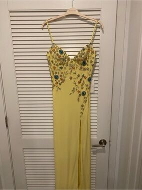 Mac Duggal Yellow Beaded Spaghetti-Strap Evening Gown